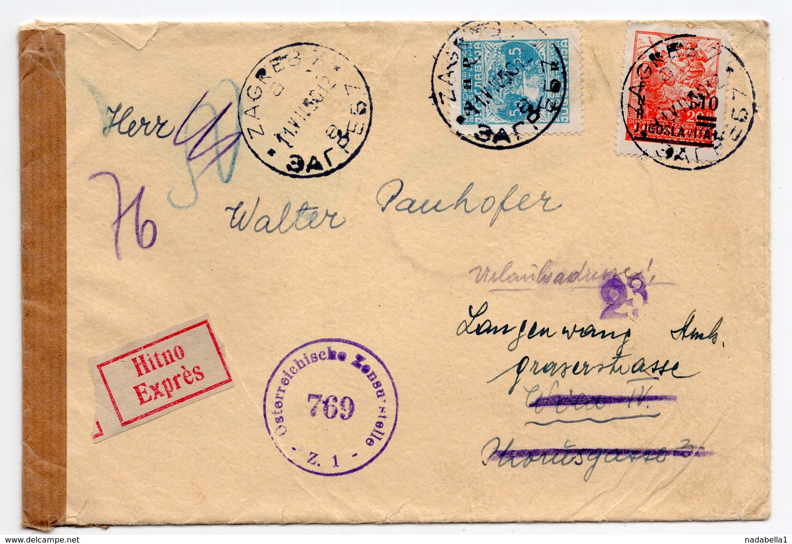 11.07.1950. YUGOSLAVIA, CROATIA, ZAGREB TO VIENNA, CENSORED IN AUSTRIA,REDIRECTED, REGISTERED MAIL - Covers & Documents