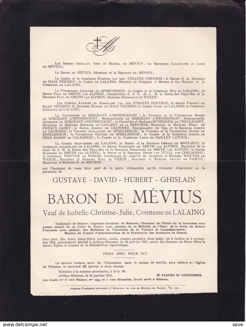 RHISNES 14-18 Fraternelle Aviateurs De Guerre Baron Gustave De MEVIUS Veuf De LALAING 1882-1931 Château D'ARTHEY - Décès