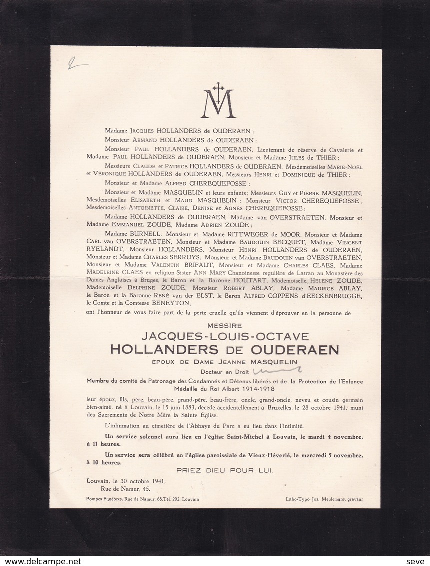 LOUVAIN Jacques-Louis HOLLANDERS De OUDERAEN époux MASQUELIN 1883-1941 Famille HOUTART - Décès