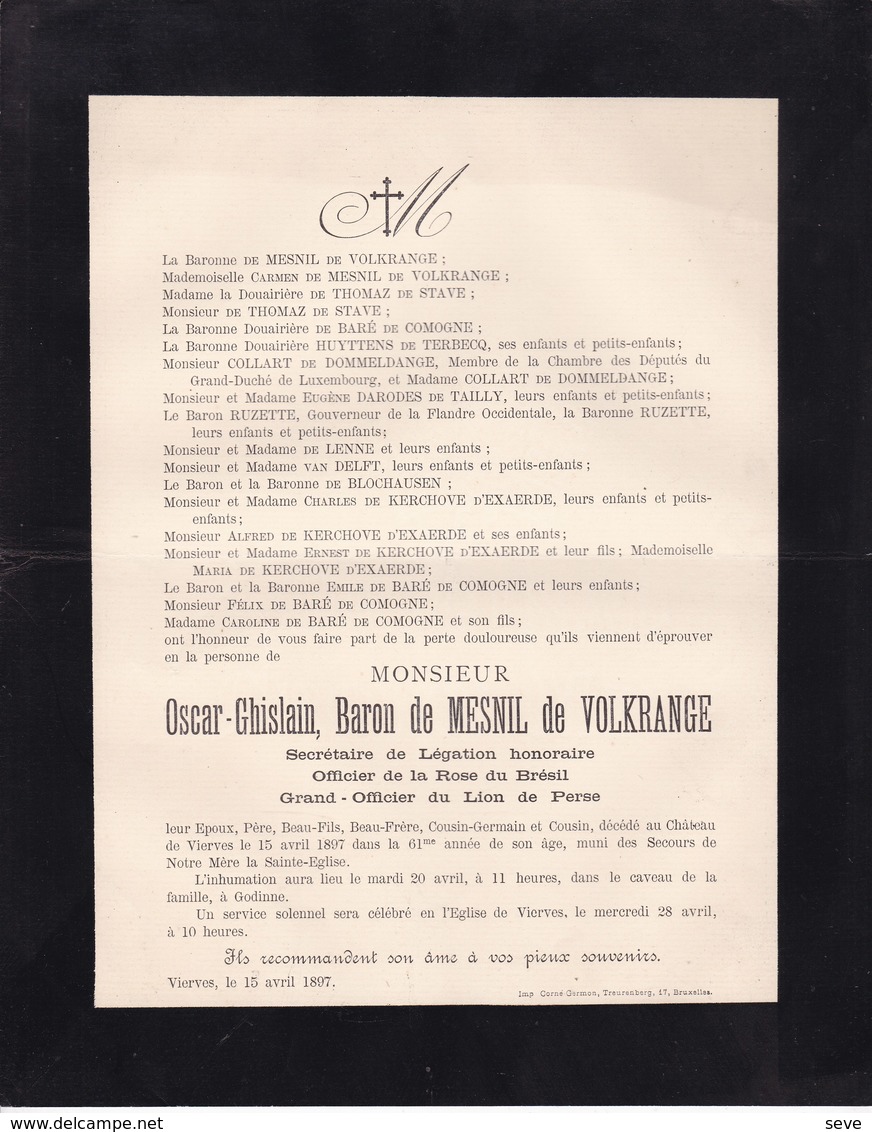 Château De VIERVES Oscar Baron De MESNIL De VOLKRANGE 1897 61 Ans Diplomate Grand Officier Lion De Perse - Décès