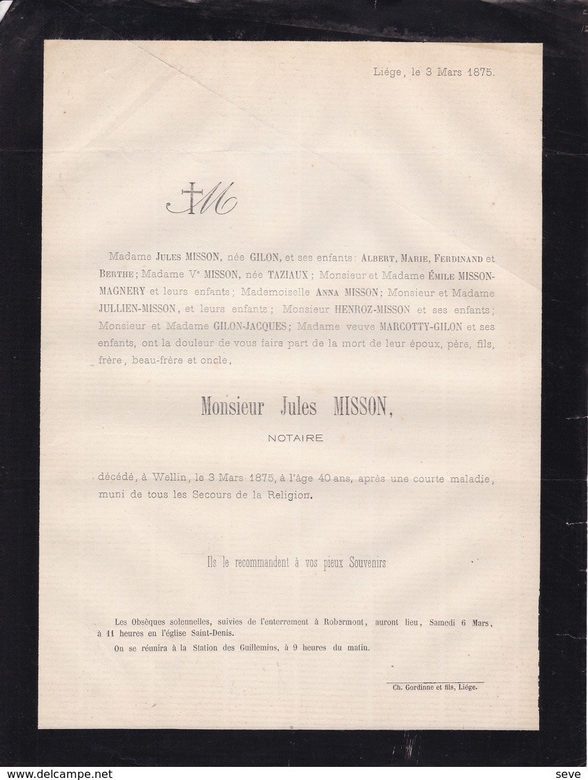 WELLIN LIEGE Notaire Jules MISSON 40 Ans 1875 Famille TAZIAUX GILON MARCOTTY - Décès