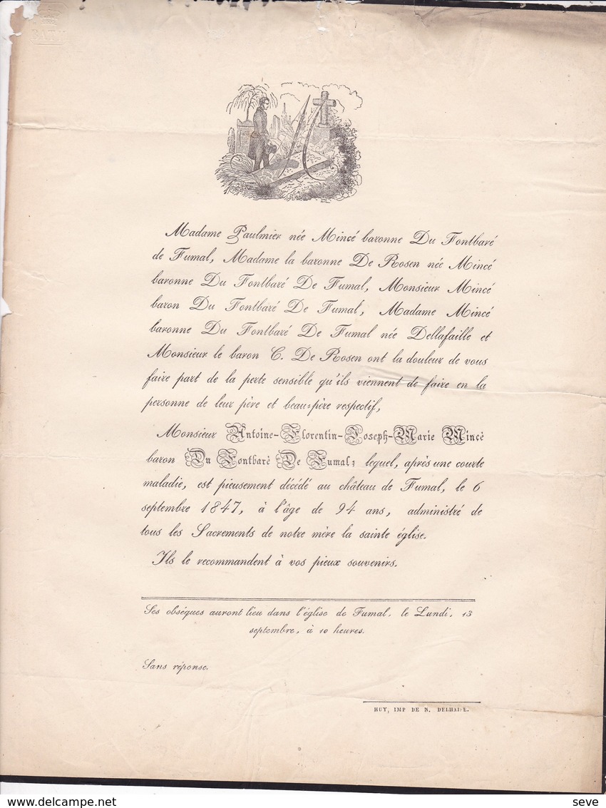 FUMAL Antoine-Florentin MINCE Baron De FONTBARE De FUMAL 94 Ans 1847 Familles De ROSEN Della FAILLE Etc - Décès