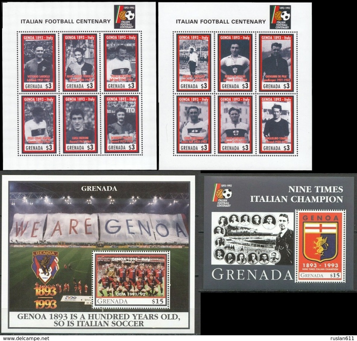 Soccer Football Grenada KB 2643/54 + Bl 347/48 1993 FC Genoa MNH ** - Beroemde Teams