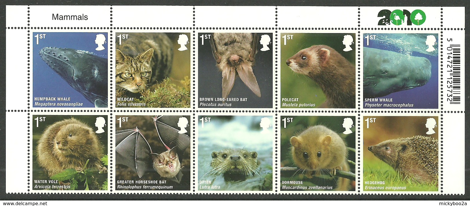 GB 2010 MAMMALS WHALES BATS CAT HEDGEHOG OTTER VOLE DORMOUSE SET MNH - Unused Stamps