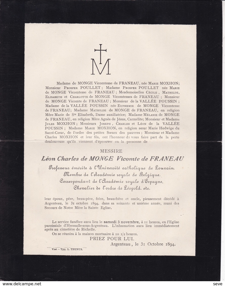 HERMALLE SOUS ARGENTEAU Léon De MONGE Vicomte De FRANEAU Professeur UCL Académie Royale 71 Ans 1894 MOXHON - Décès