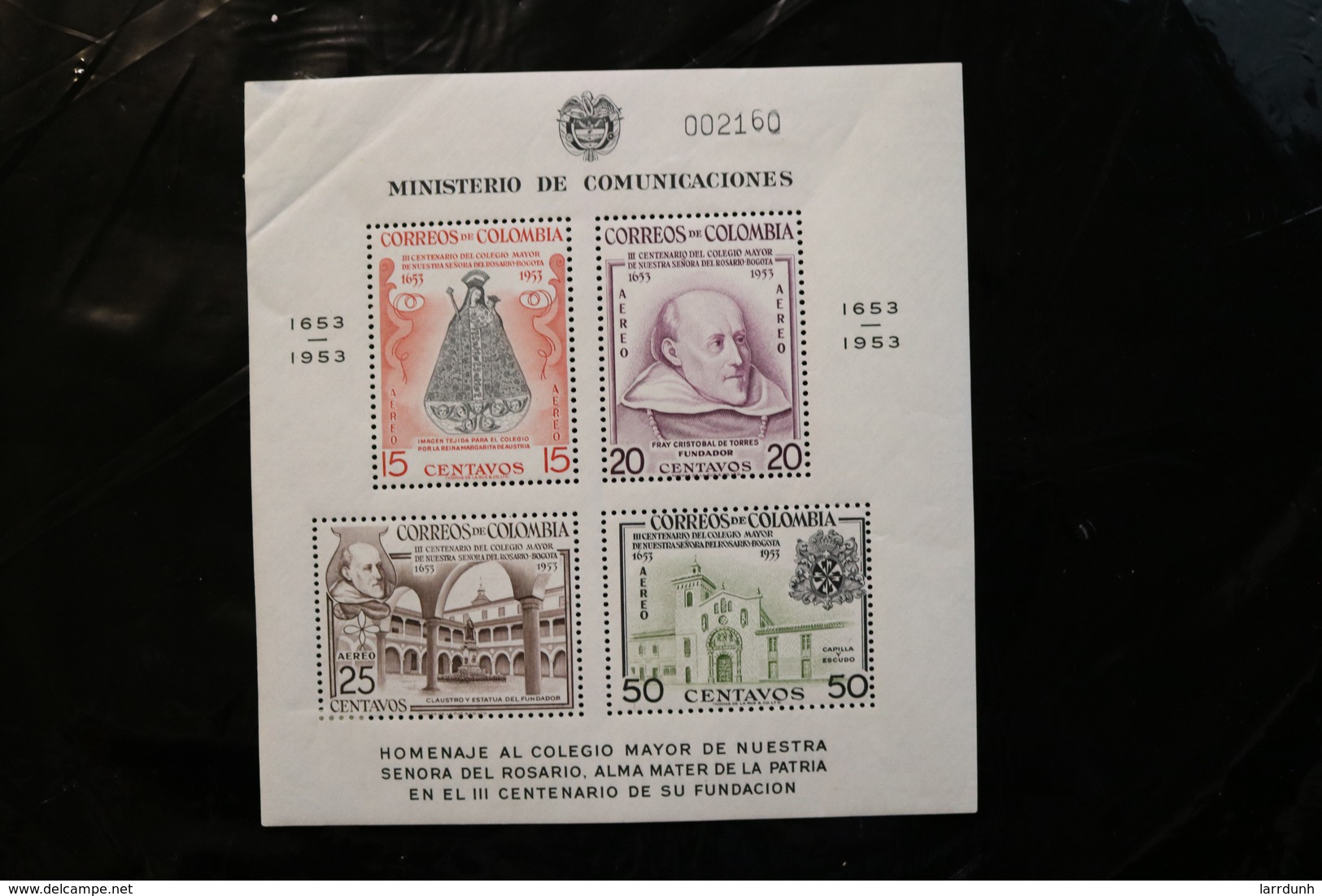 Colombia THIRD CENTENARY OF COLLEGE MAJOR NUESTRA SEÑORA DEL ROSARIO Souvenir Sheet Block Hinged Remn 1953 A04s - Colombia