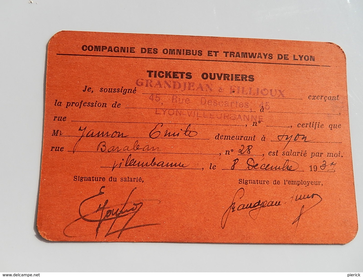 Compagnie Des Omnibus Et Tramway De LYON.Tickets OuvrierS 1937 VILLEURBANNE - Autres & Non Classés