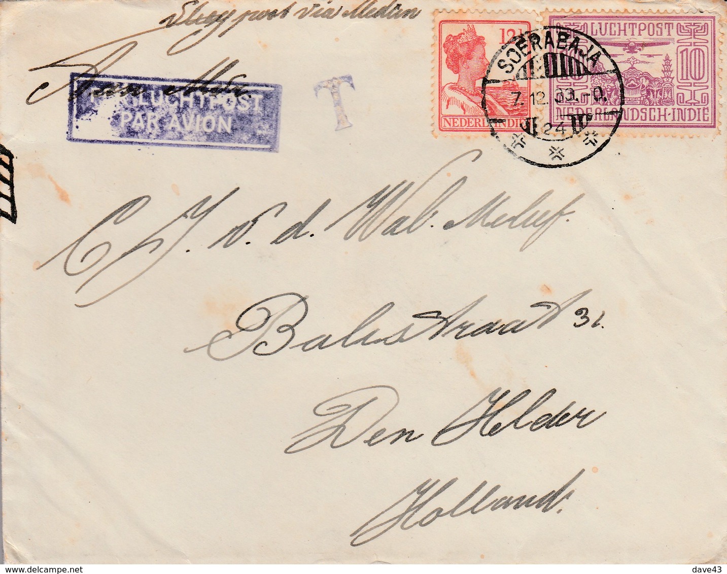 1933 Airmail Netherland Indies Cover To Netherlands 12 1/2 C SG273+ 10c  SG308 Air - Airmail