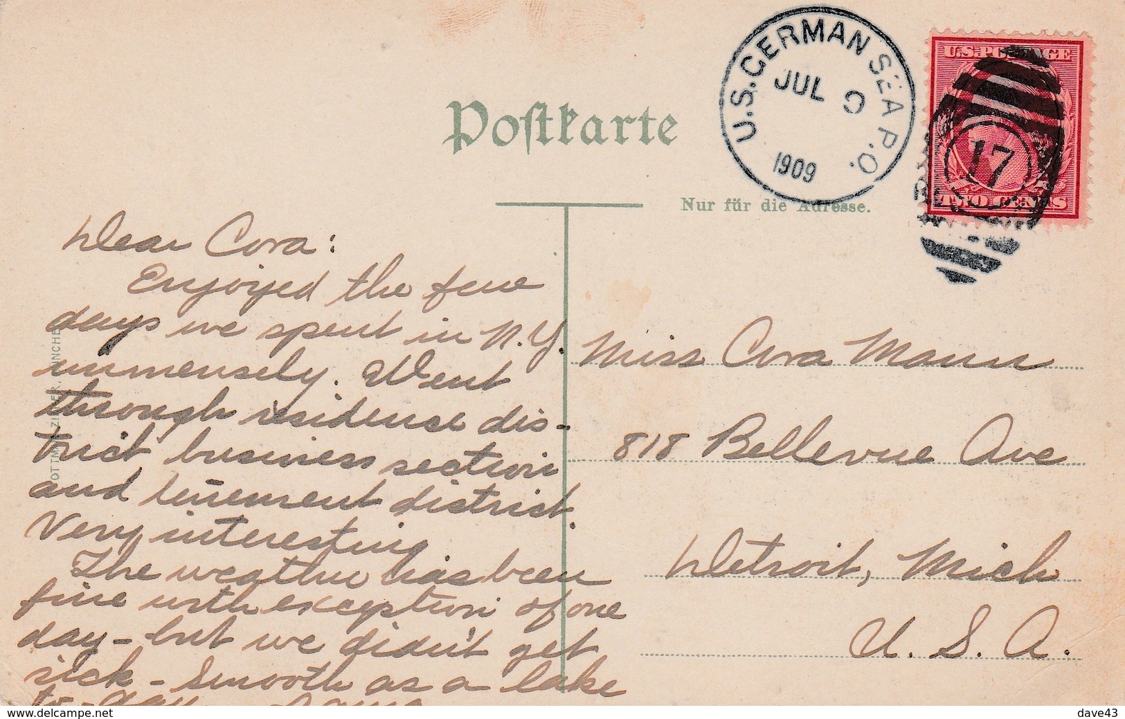 1909 German Card  Schnelldampfer Kaiserin Auguste Victoria Used To Detroit US German Sea PO Duplex - Other & Unclassified