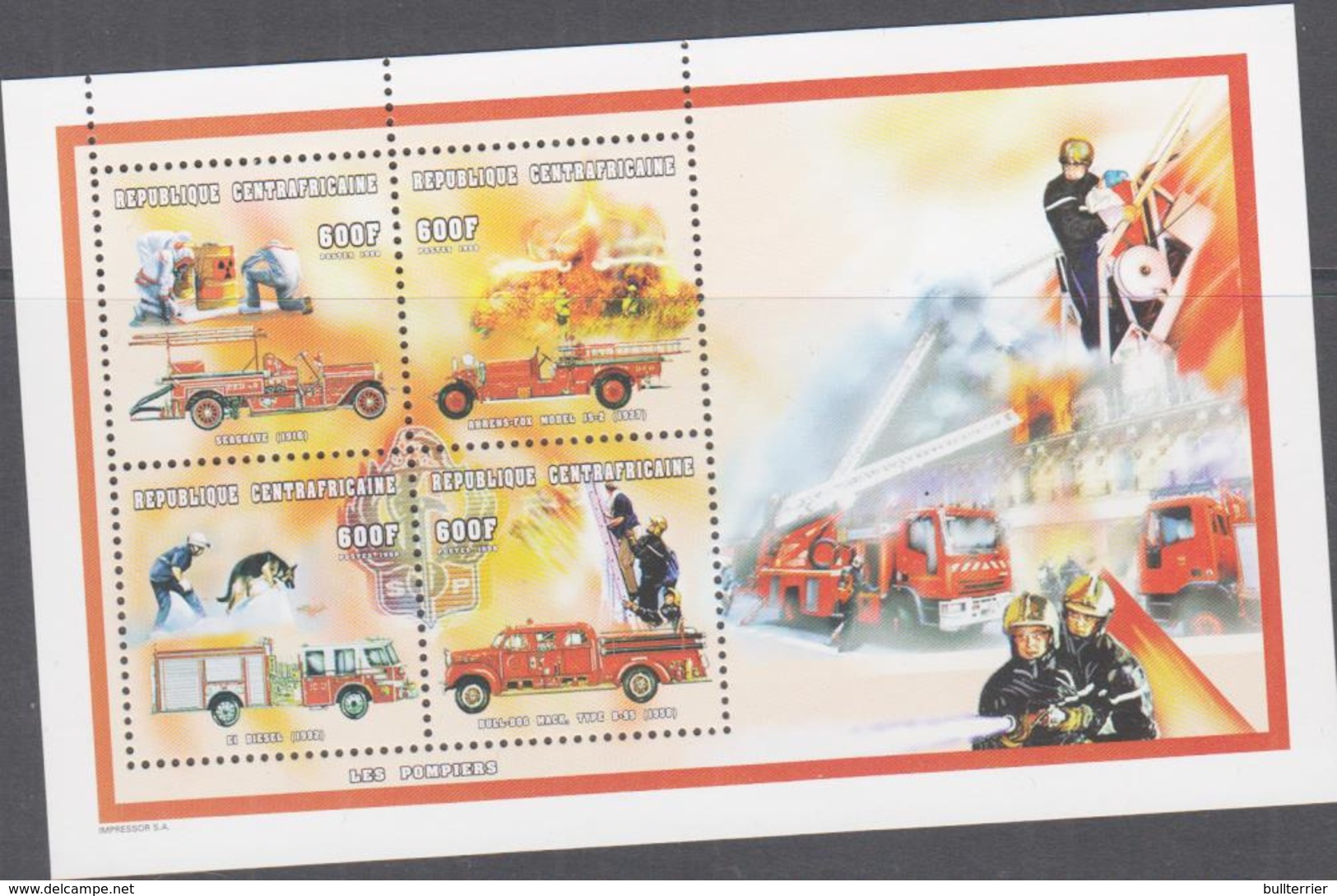 FIRE FIGHTING - CENTRAL  AFRICAN REP  -1998 -  FIRE BRIGADE SHEETLET OF 4   MINT NEVER HINGED - Firemen