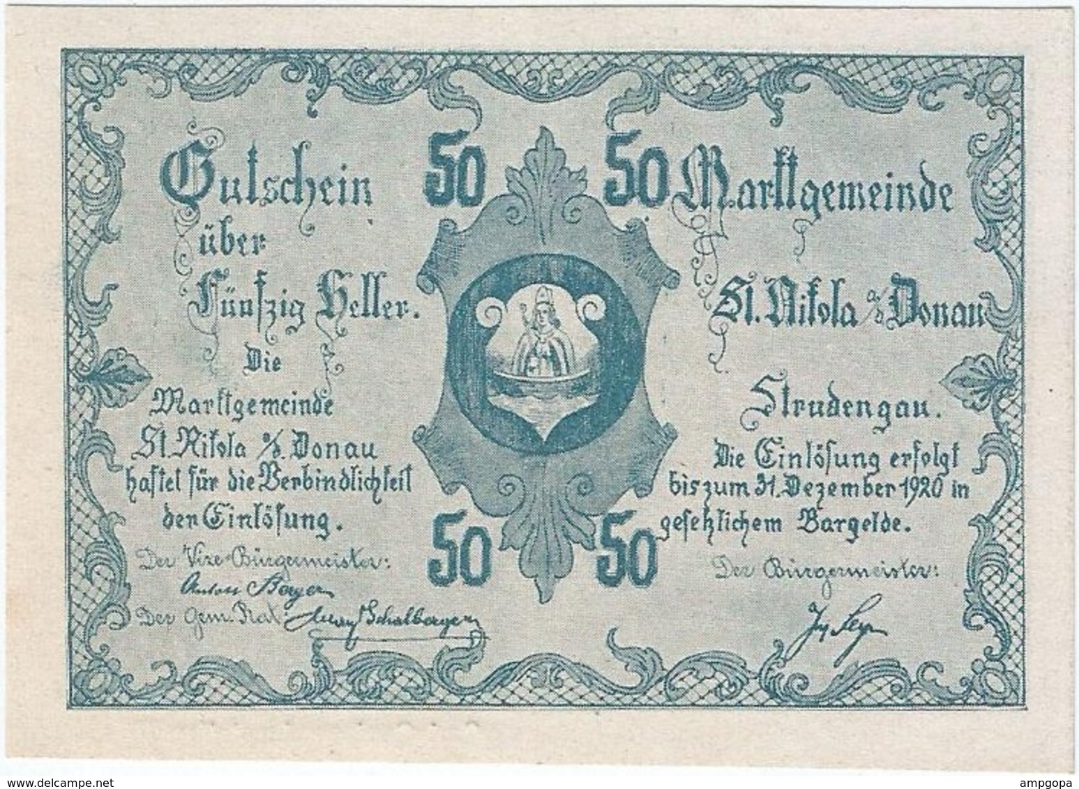 Austria (NOTGELD) 50 Heller Sankt Nikola Donau 31-12-1920 Kon 914 III.a.3  UNC Ref 3662-1 - Oesterreich