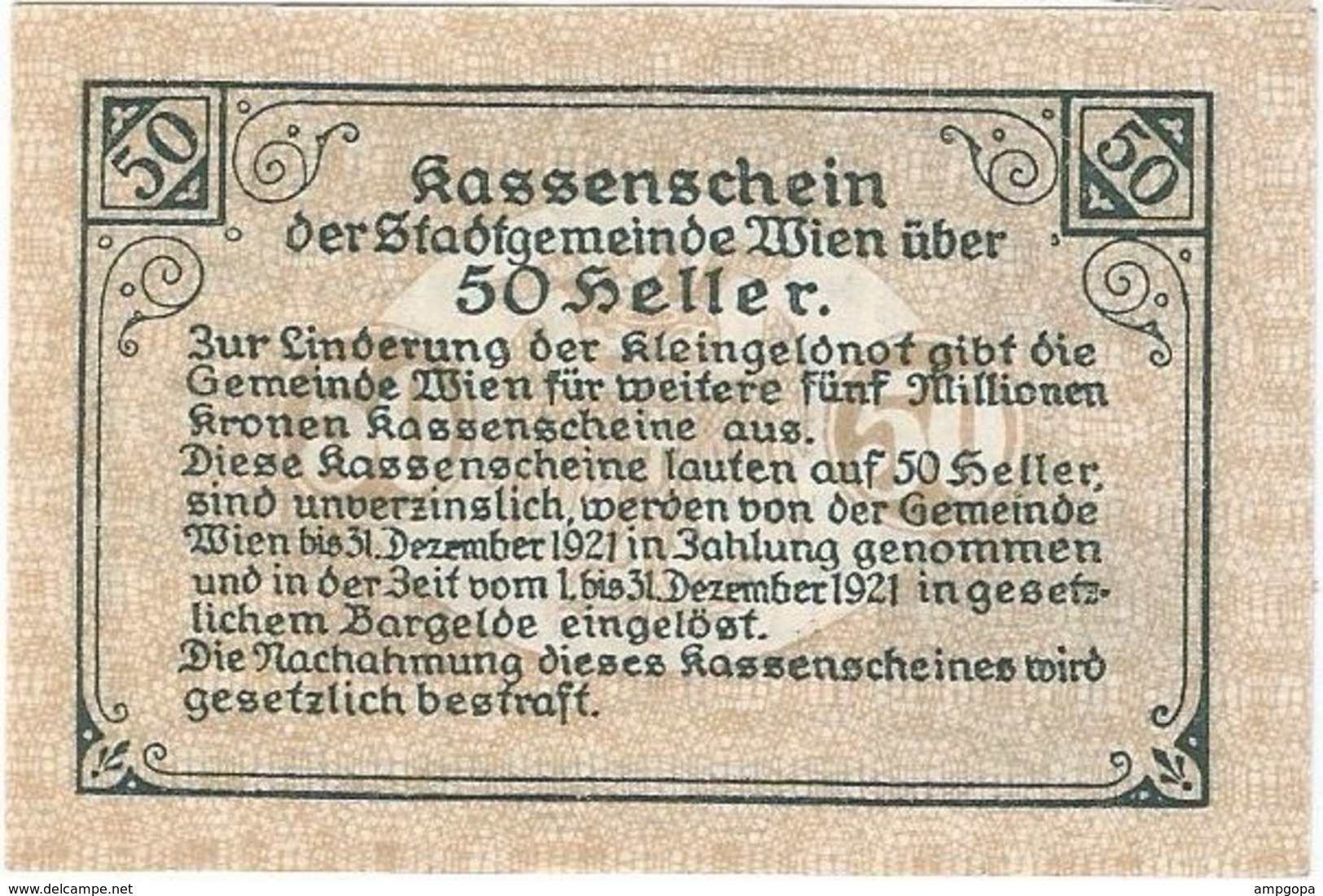 Austria (NOTGELD) 50 Heller Wien 3-12-1920 Kon 1183 II.b.a  UNC Ref 3659-1 - Austria