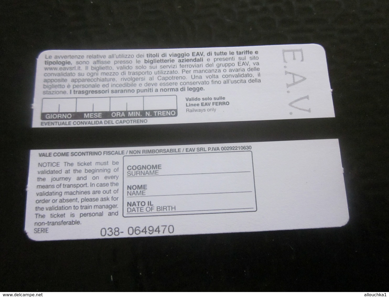 E.A.V. PASS RAILWAY TRENO FERROVIARIO Titre De Transport  TRAMWAY METRO Europe BIGLIETTO-BILLET TICKET-ITALIA- ITALIE - Altri & Non Classificati