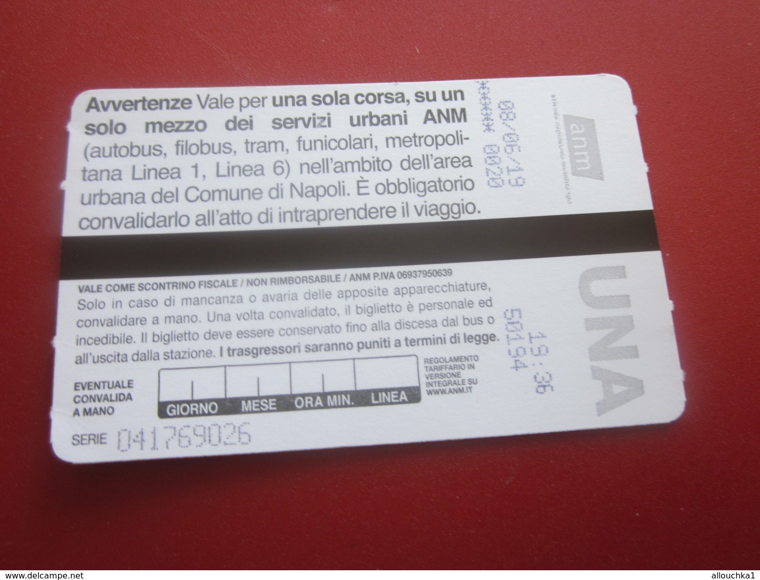 URBANO NAPOLI CORSA SINGOLA  Titre De Transport Ticket Simple Bus Europe BIGLIETTO-BILLET TICKET-ITALIA- ITALIE - Europa