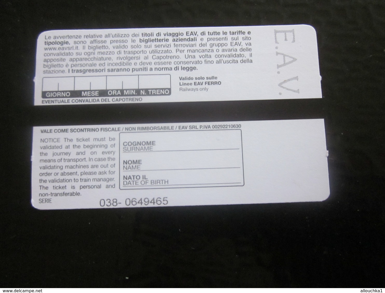 E.A.V. PASS RAILWAY TRENO FERROVIARIO Titre De Transport  TRAMWAY METRO Europe BIGLIETTO-BILLET TICKET-ITALIA- ITALIE - Altri & Non Classificati