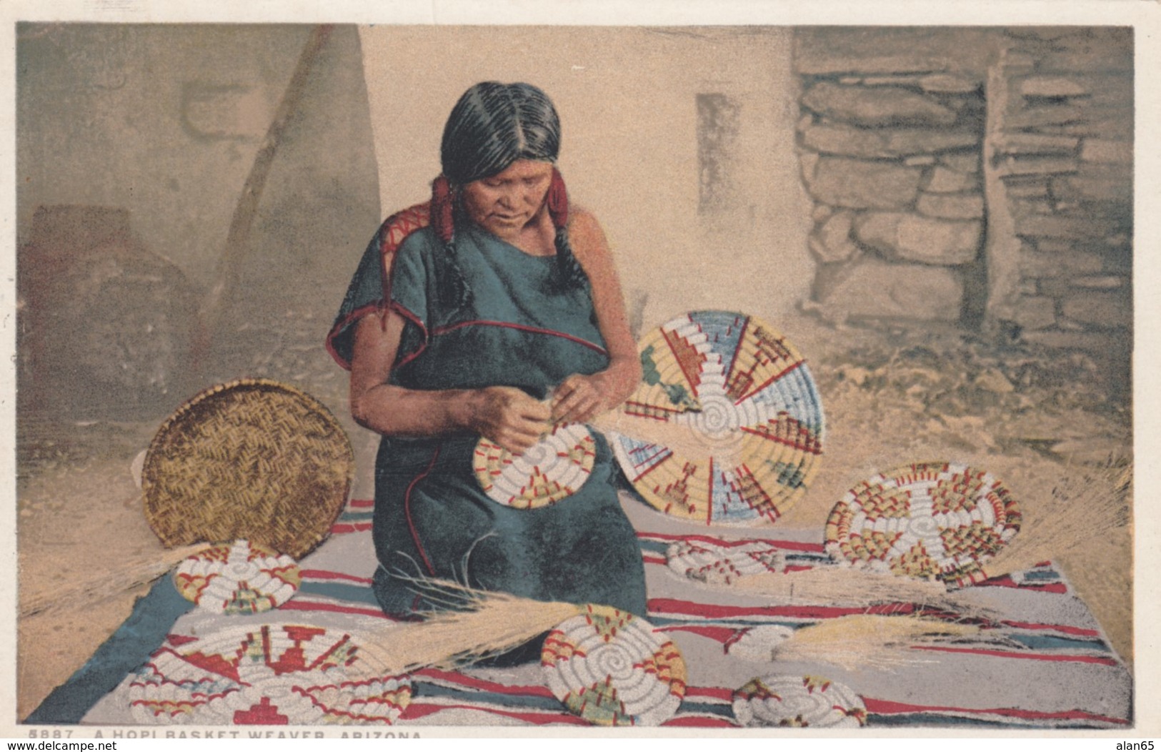 Hopi Basket Weaver, Native American Indian Craft, C1900s/10s Vintage Fred Harvey Postcard - Native Americans