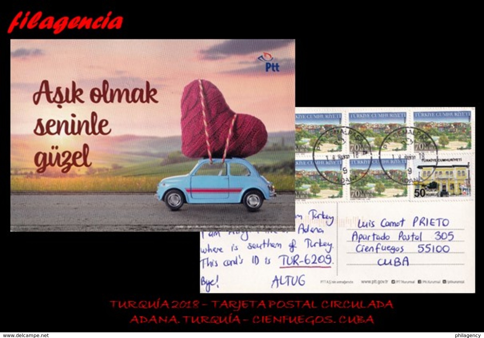 EUROPA. TURQUÍA. ENTEROS POSTALES. TARJETA POSTAL CIRCULADA 2018. ADANA. TURQUÍA-CIENFUEGOS. CUBA. ARQUITECTURA. AUTOS - Cartas & Documentos