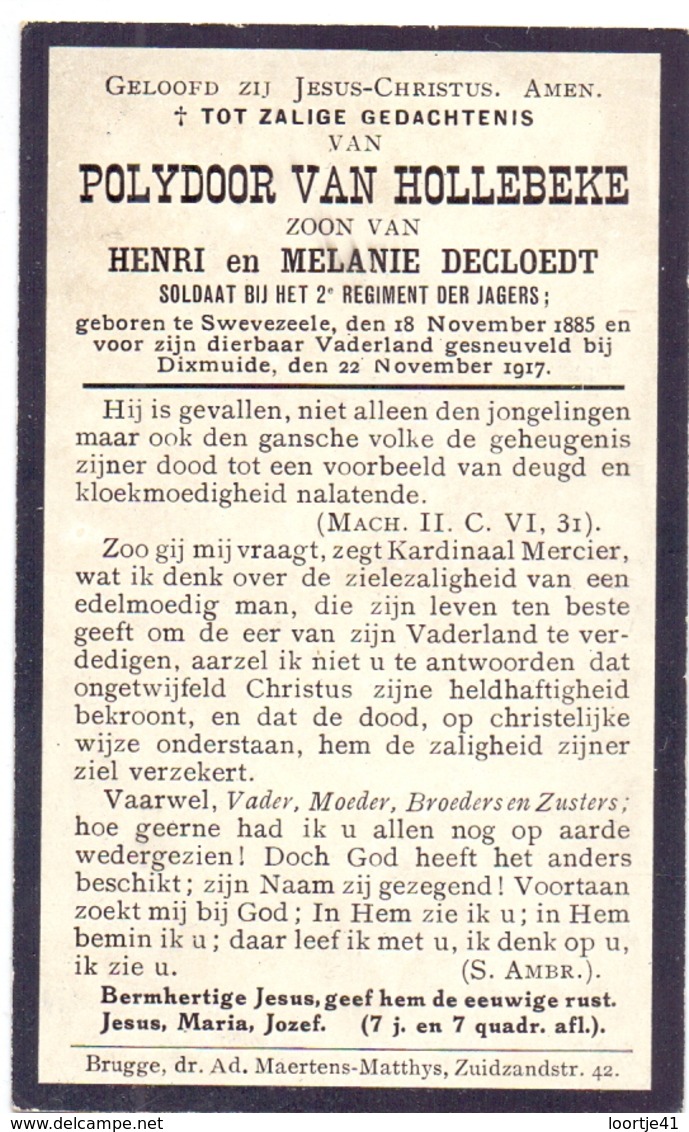 Devotie Doodsprentje Oorlogsslachtoffer Soldaat Polydoor Van Hollebeke - Zwevezele 1885 - Gesneuveld Diksmuide 1917 - Décès