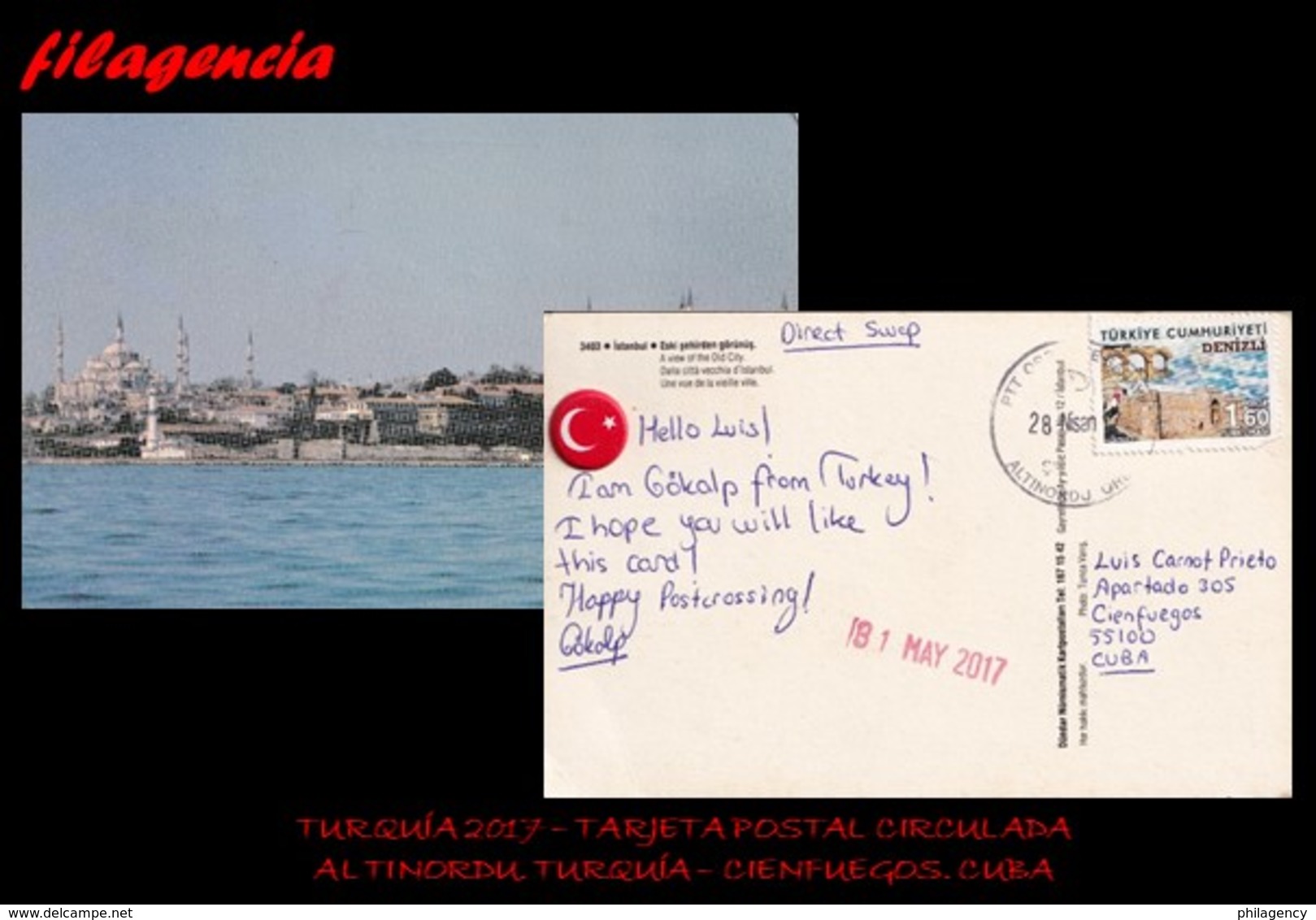 EUROPA. TURQUÍA. ENTEROS POSTALES. TARJETA POSTAL CIRCULADA 2017. ALTINORDU. TURQUÍA-CIENFUEGOS. CUBA. ARQUEOLOGÍA - Cartas & Documentos