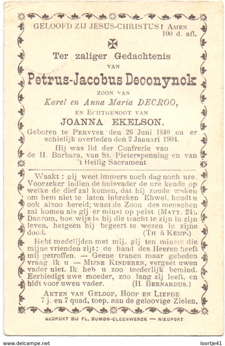 Devotie Devotion Doodsprentje Image Mortuaire - Petrus Deconynck - Pervyse 1840 - Pervijze 1904 - Décès