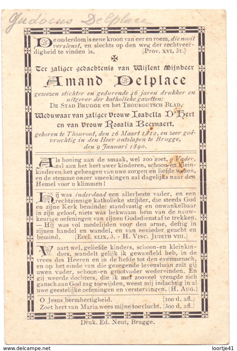 Devotie Doodsprentje - Drukker Uitgever Kranten Amand Delplace - Torhout 1810 - Brugge 1890 - Obituary Notices