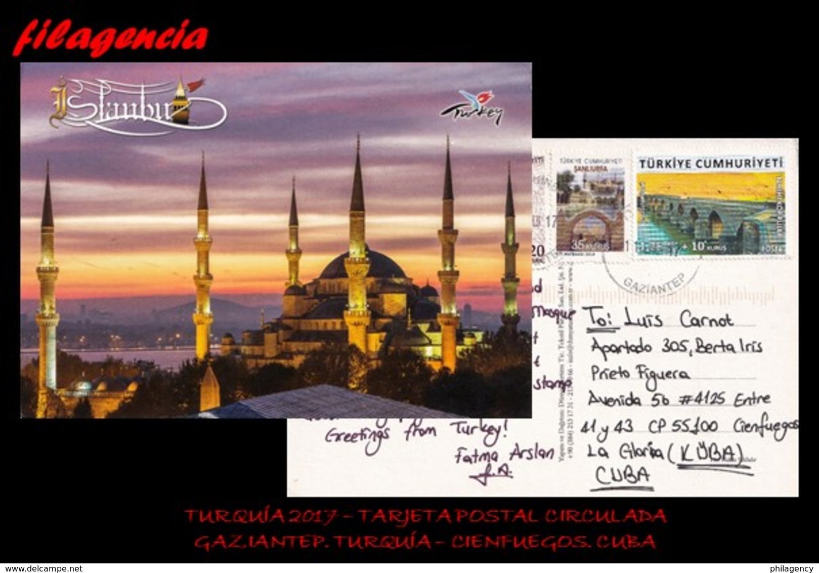 EUROPA. TURQUÍA. ENTEROS POSTALES. TARJETA POSTAL CIRCULADA 2017. GAZIANTEP. TURQUÍA-CIENFUEGOS. CUBA. PUENTES - Cartas & Documentos