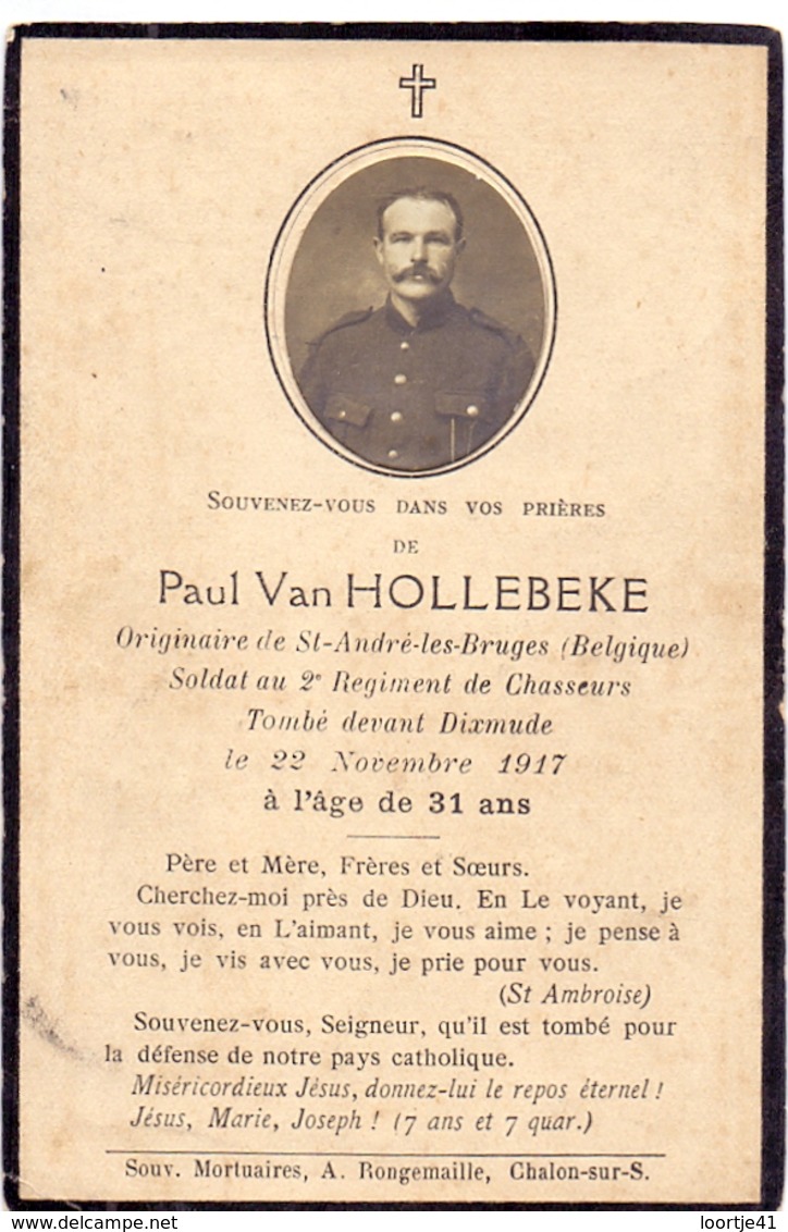 Doodsprentje Oorlogsslachtoffer Soldaat Soldat  Paul Van Hollebeke - St André Bruges St Andries Brugge - Diksmuide 1917 - Overlijden