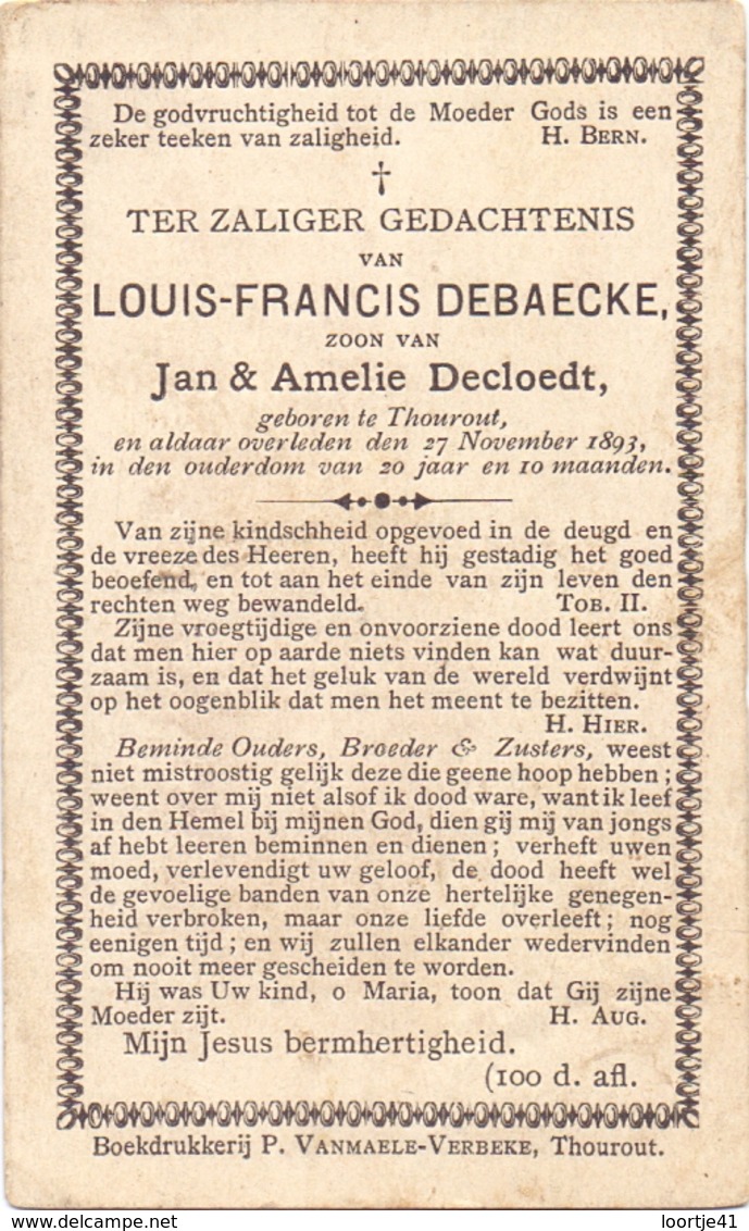 Devotie Doodsprentje - Louis Francis Debaecke - Torhout 1873 - 1893 - Esquela