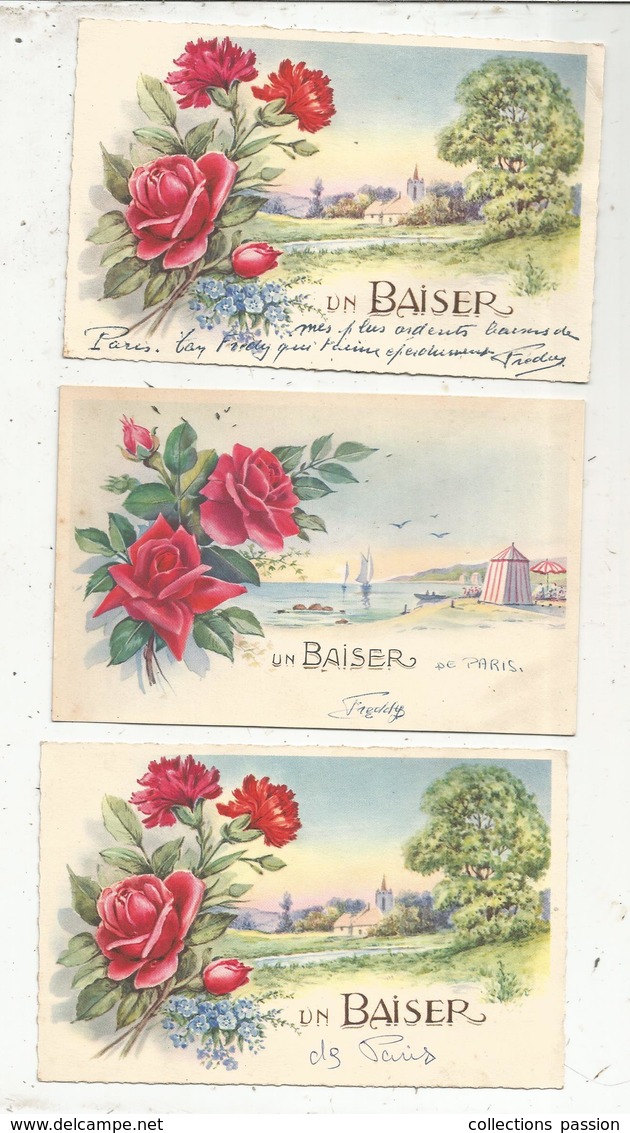 Cp,fleurs , Un BAISER De PARIS ,écrites ,année 50 ,  LOT DE 3 CARTES POSTALES - Flores