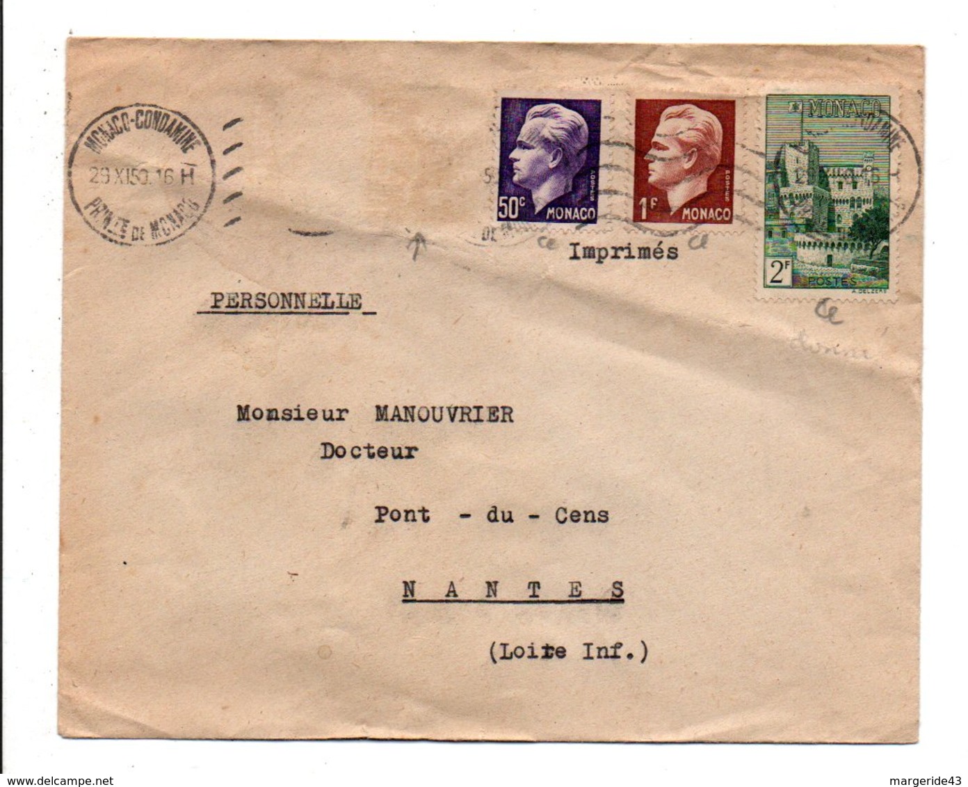 MONACO AFFRANCHISSEMENT COMPOSE SUR LETTRE POUR LA FRANCE 1950 - Covers & Documents