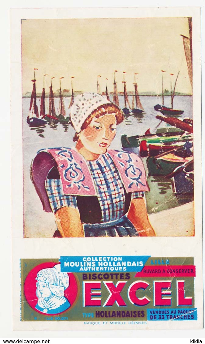 Buvard 10.7 X 17.9  Biscottes EXCEL Type Hollandaise Collections Moulins Hollandais  Jeune Fille  Port Voilier Barque - Biscottes