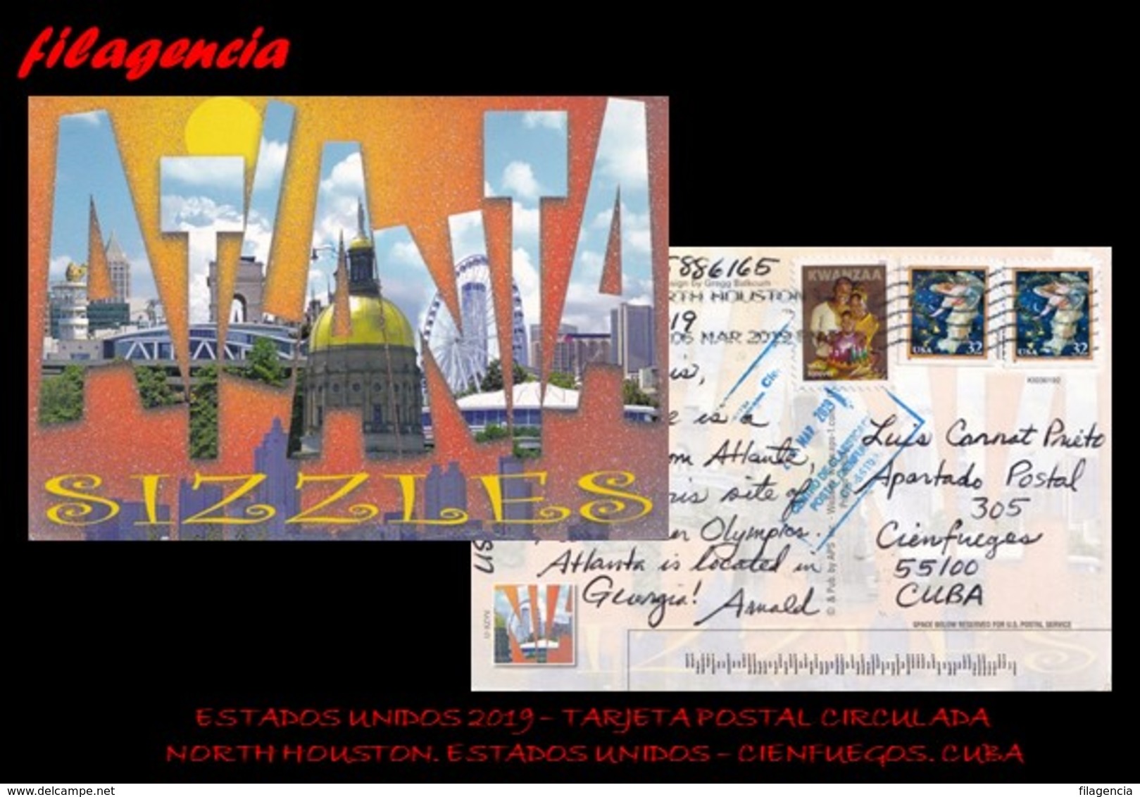 AMERICA. ESTADOS UNIDOS. ENTEROS POSTALES. TARJETA POSTAL CIRCULADA 2019. NORTH HOUSTON. ESTADOS UNIDOS-CIENFUEGOS. CUBA - Cartas & Documentos