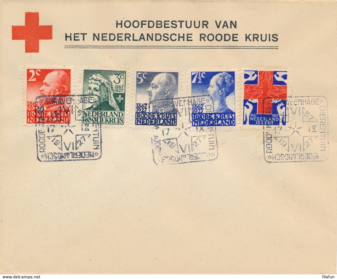 Nederland - 1927 - Red Cross - Rode Kruis Serie Met Dierentuinstempel (deels 1e Dag / FDC) Op Cover - Niet Gelopen - Brieven En Documenten