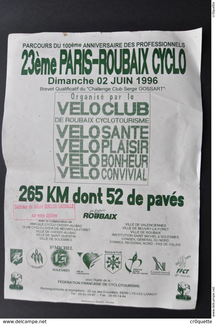 AFFICHE VELO 23ème PARIS ROUBAIX CYCLO En 1996 - Cyclisme