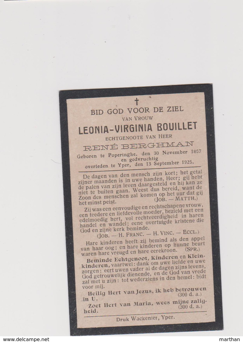 DOODSPRENTJE BOUILLET LEONIA ECHTGENOTE BERGHMAN POPERINGE IEPER (1857 - 1925) - Devotieprenten