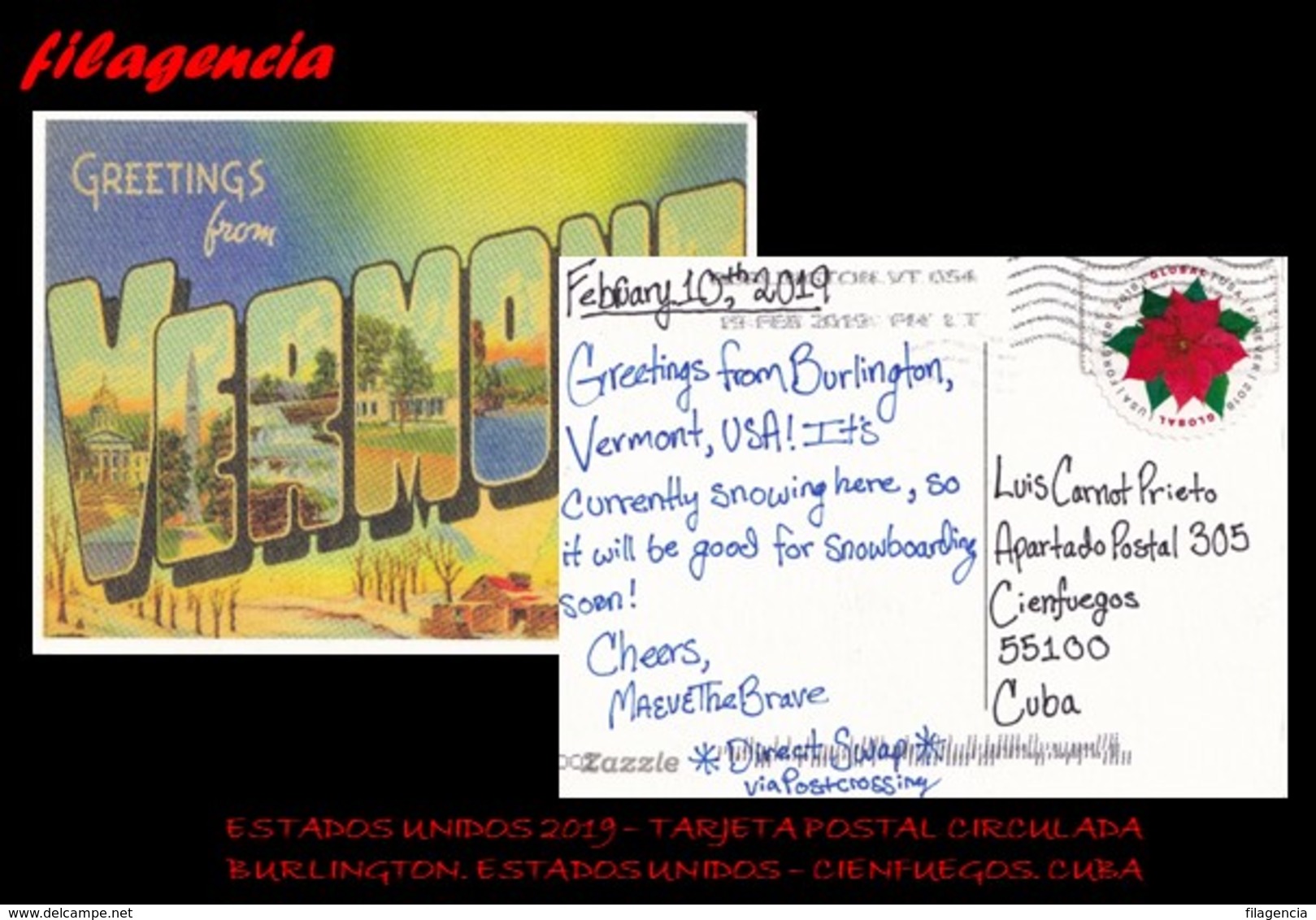 AMERICA. ESTADOS UNIDOS. ENTEROS POSTALES. TARJETA POSTAL CIRCULADA 2019. BURLINGTON. ESTADOS UNIDOS-CIENFUEGOS. CUBA - Cartas & Documentos