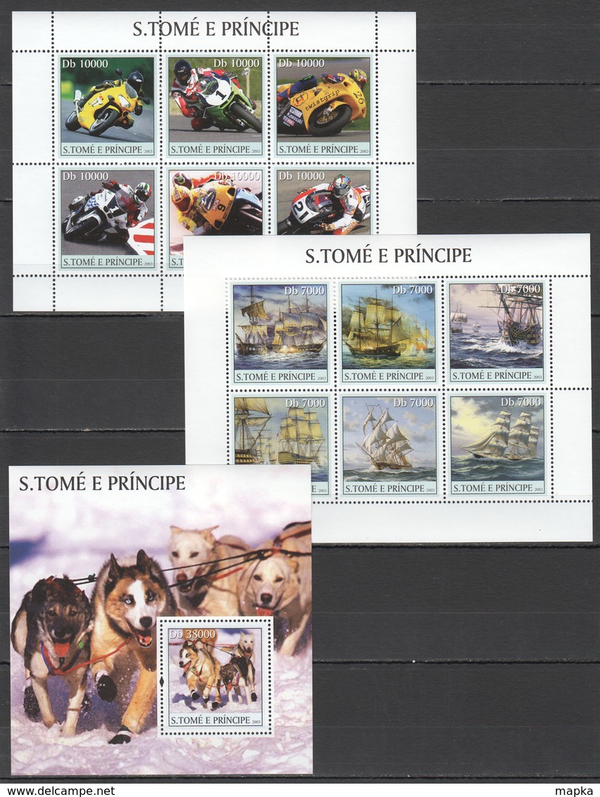 M1064 MIX 2003 S. TOME E PRINCIPE MOTORCYCLES SHIPS DOGS 2KB+1BL MNH - Motos