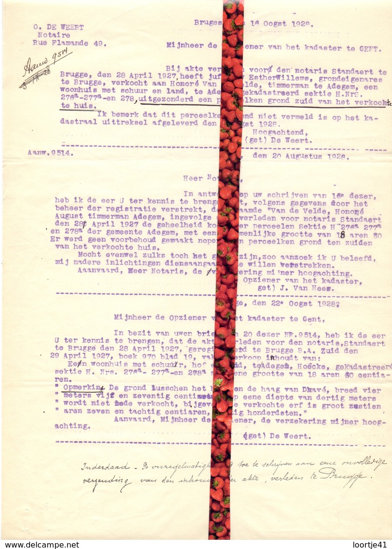 Brief Lettre - Notaris De Weert Brugge - Naar Kadaster 1928 Ivm Eigendom Van De Velde Adegem + Brief Met Antwoord - Non Classés