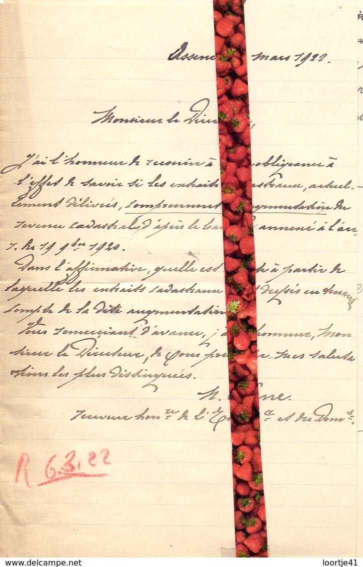 Brief Lettre - Mr. Peene Assenede - Naar Kadaster 1922 + Brief Met Antwoord - Non Classés