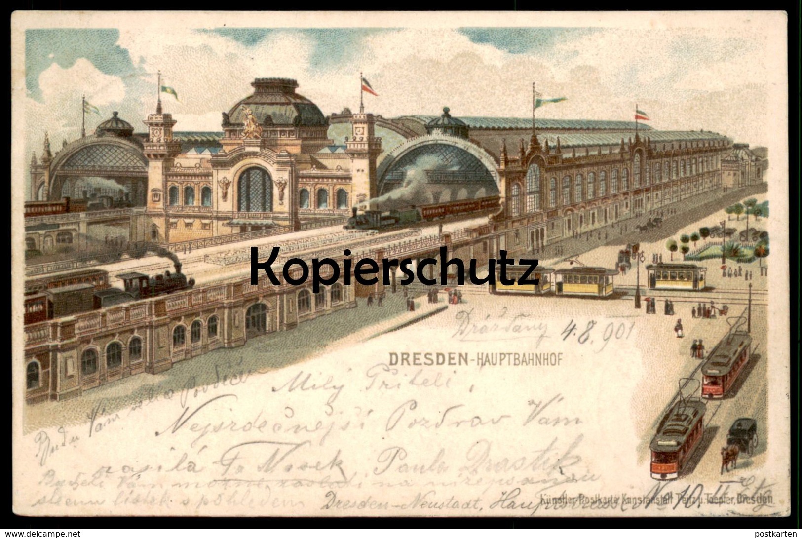 ALTE ORIGINAL LITHO POSTKARTE DRESDEN HAUPTBAHNHOF Bahnhof Station Gare Dampflok Tram Locomotive Ansichtskarte Postcard - Bahnhöfe Mit Zügen