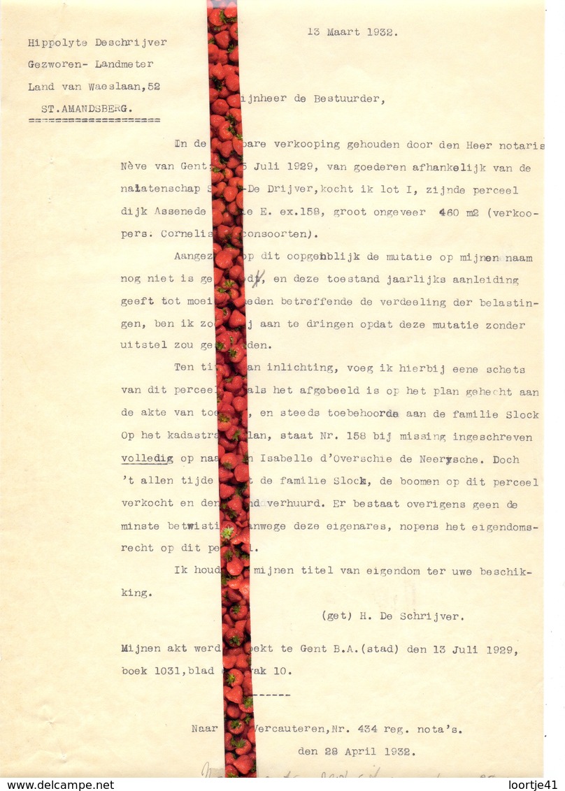 Brief Lettre - Dossier Nalatenschap Slock - De Drijver - Gent - Assenede  - Naar Kadaster 1932 + Brief Met Antwoord - Non Classés