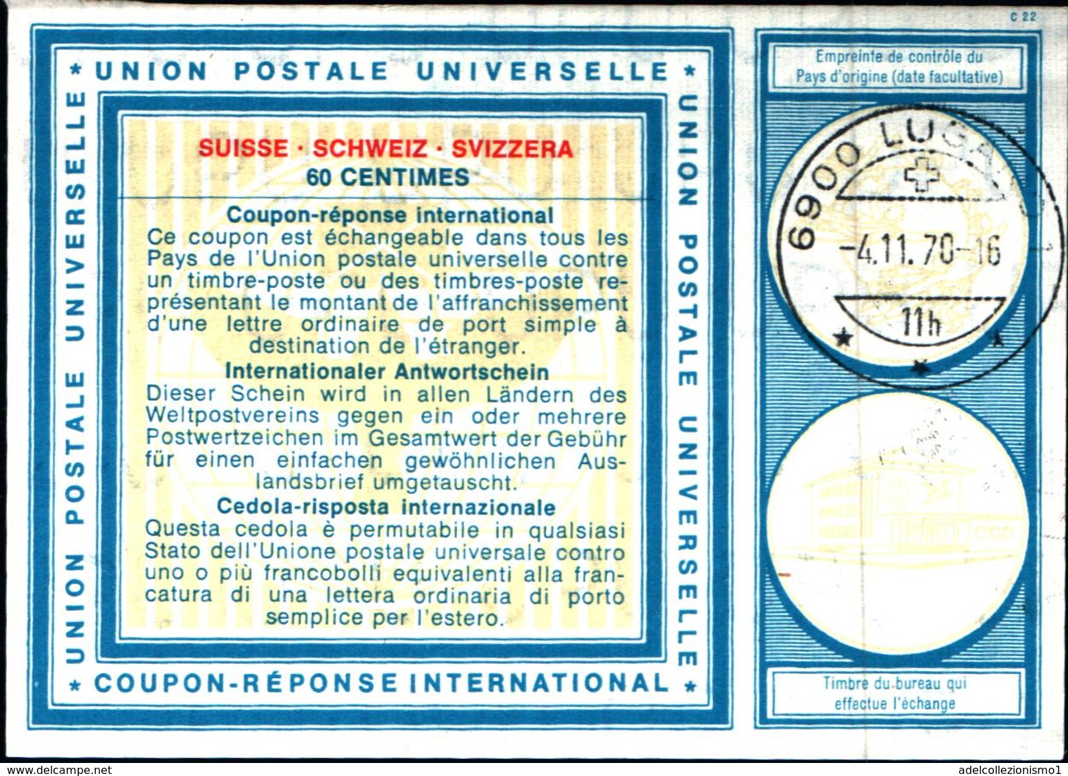 6723B) FRANCOBOLLI Coupon Reponse International 60 C. Mod. C22 Svizzera 1970 Suisse-USATO - Altri & Non Classificati