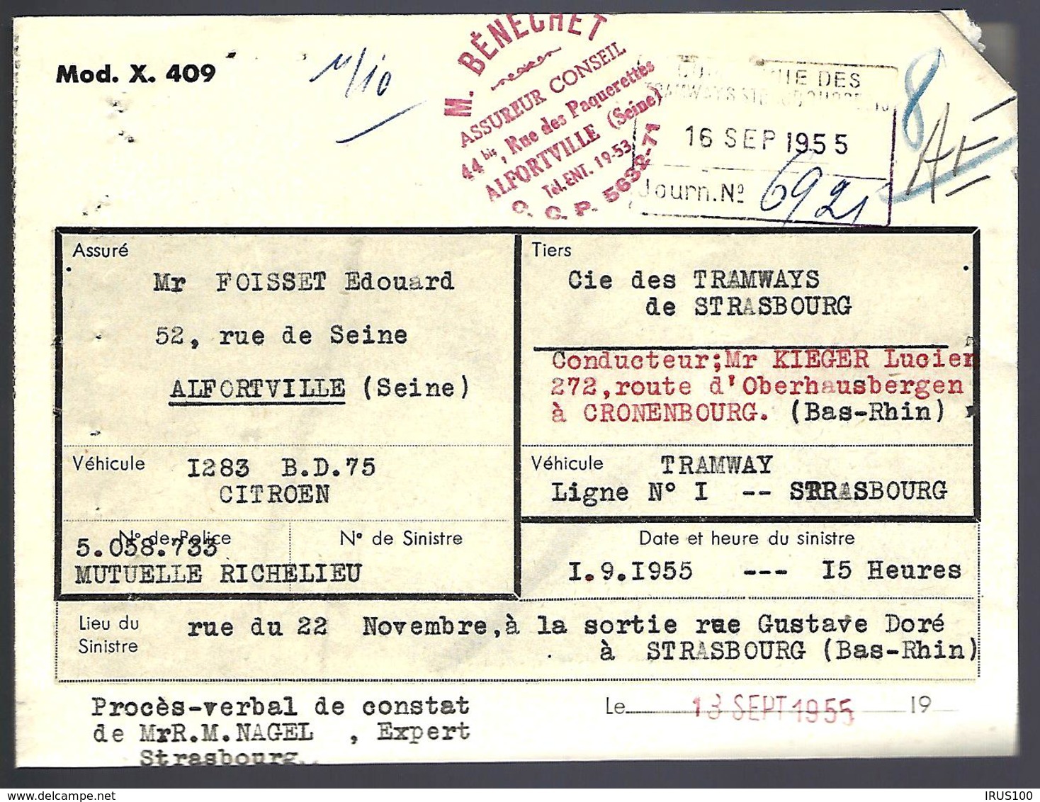 RECOMMANDÉ EN PROVENANCE DE ALFORTVILLE - 1955 - THÈME ASSURANCES - TRAMWAYS - ACCIDENT - - Briefe U. Dokumente