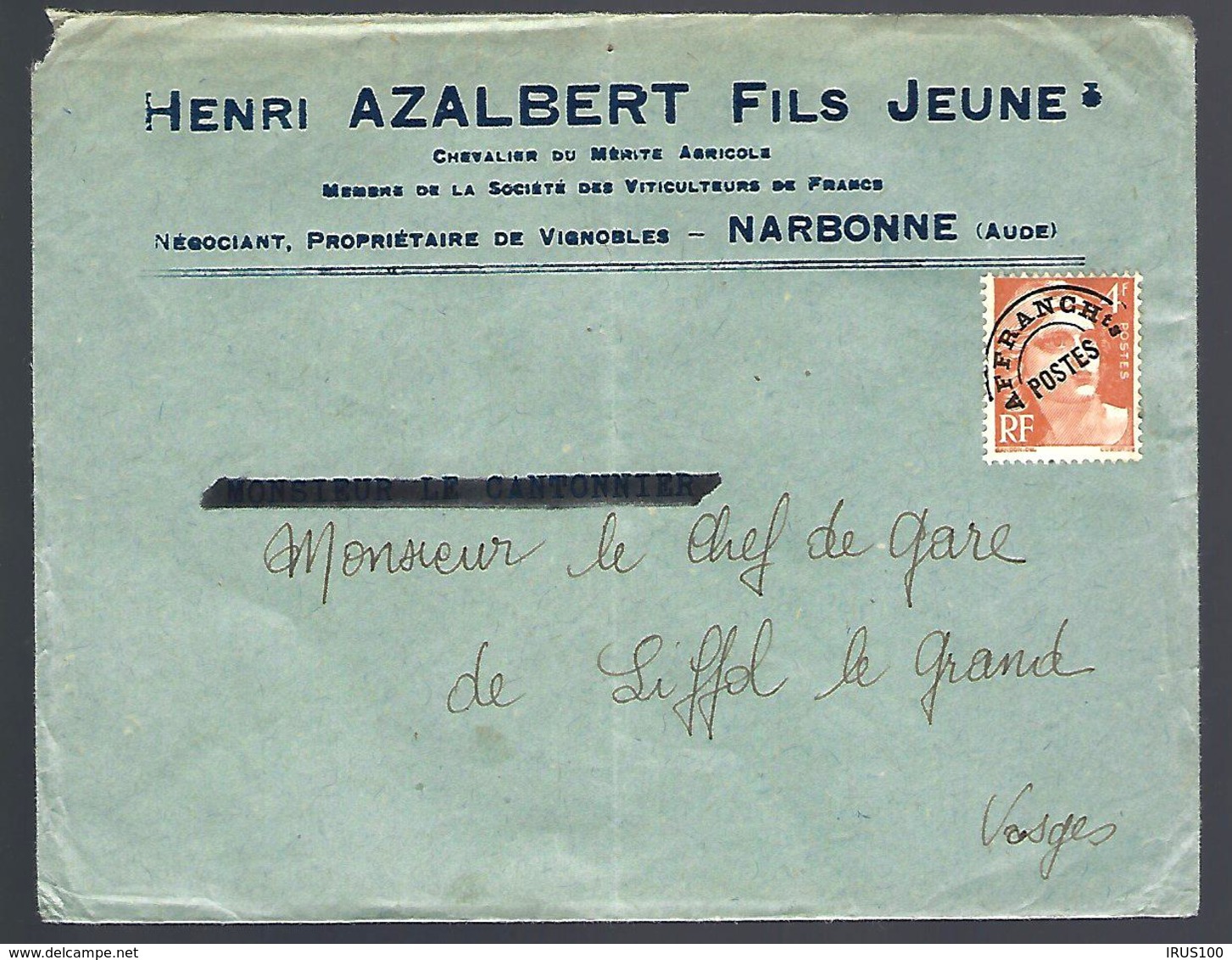 LETTRE EN PROVENANCE DE NARBONNE - AUDE - TIMBRE 4F MARIANNE DE GANDON PRÉOBLITÉRÉ - 1953-1960