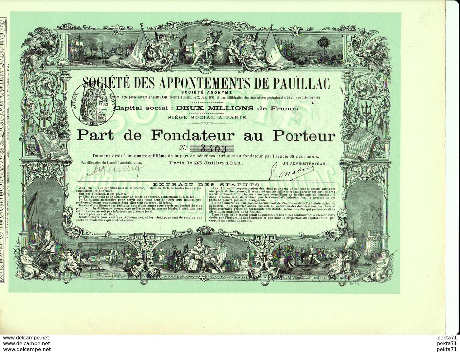 SOCIETE DES APPONTEMENTS DE PAUILLAC 1891 - Navy