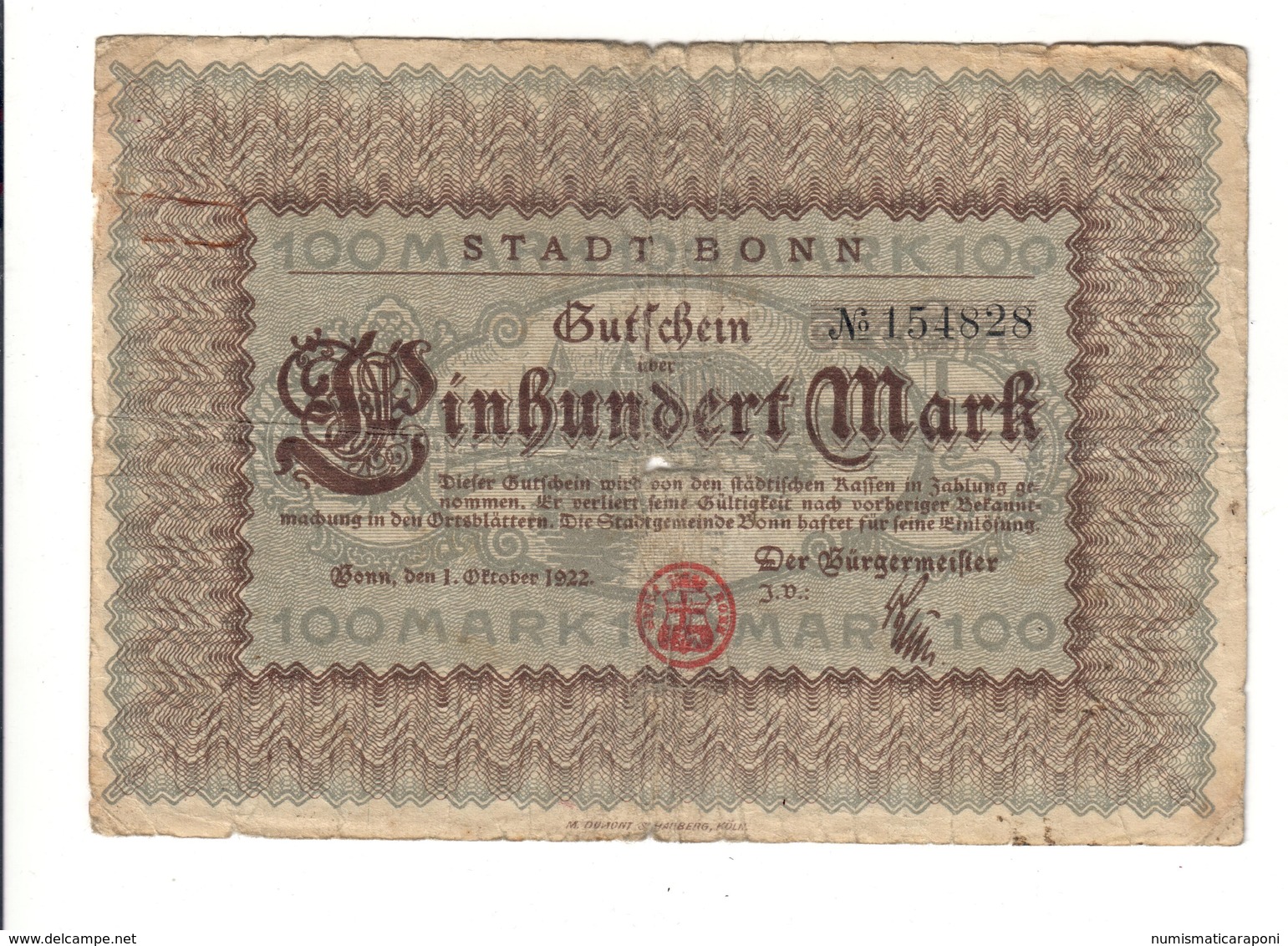 Germany Bonn 100 Mark Pont 1922-10-01 Lotto.2715 - Altri & Non Classificati