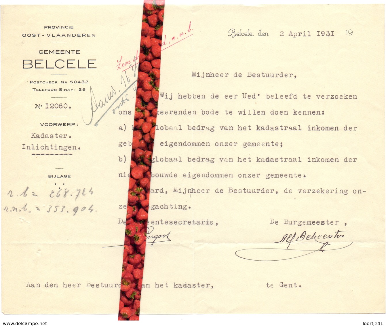 Brief Lettre - Burgemeester Gemeente Belzele - Naar Kadaster 1931 - Non Classés