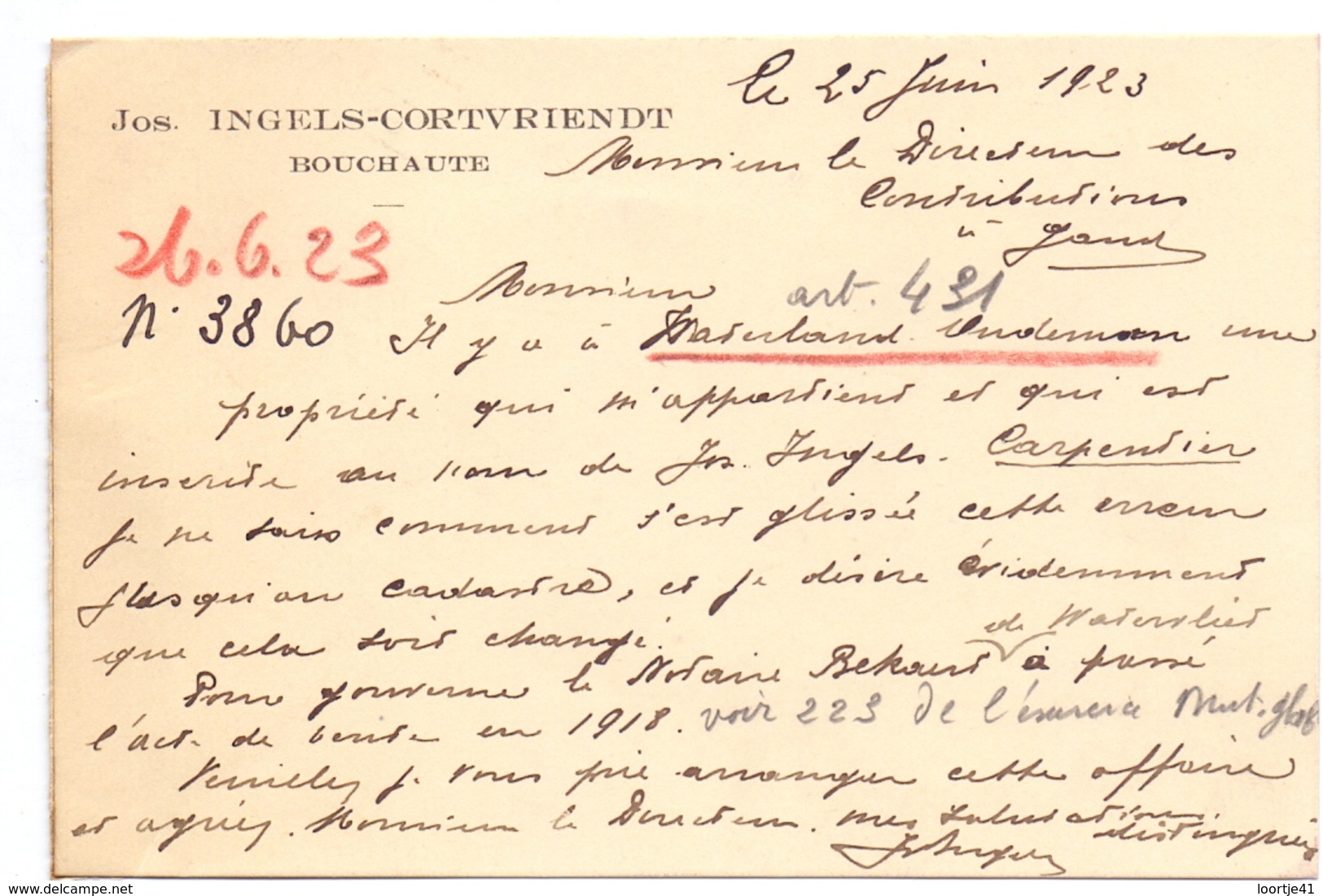 Briefkaart Lettre - Jos Ingels - Cortvriendt - Boekhoute - Naar Kadaster 1923 - Non Classés