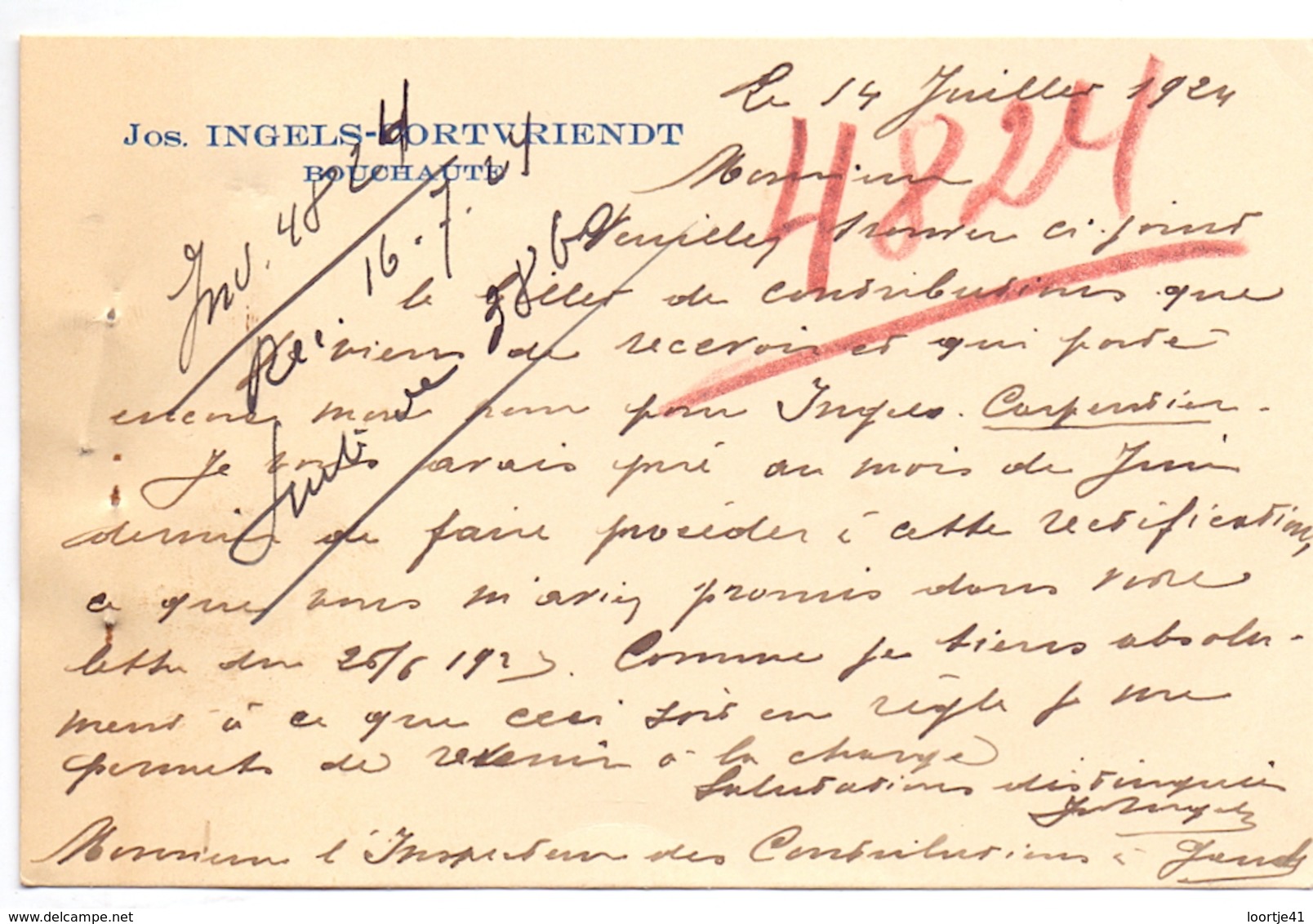 Briefkaart Lettre - Jos Ingels - Cortvriendt - Boekhoute - Naar Kadaster 1924 - Non Classés