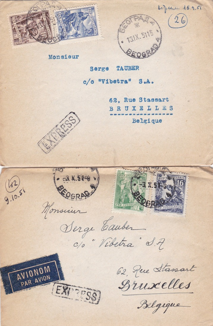 YOUGOSLAVIE  :  10  LETTRES  RECOMMANDEE  ( 1 )  Ou  EXPRESS ( 9 )  De  1951  Pour La  BELGIQUE  . - Covers & Documents